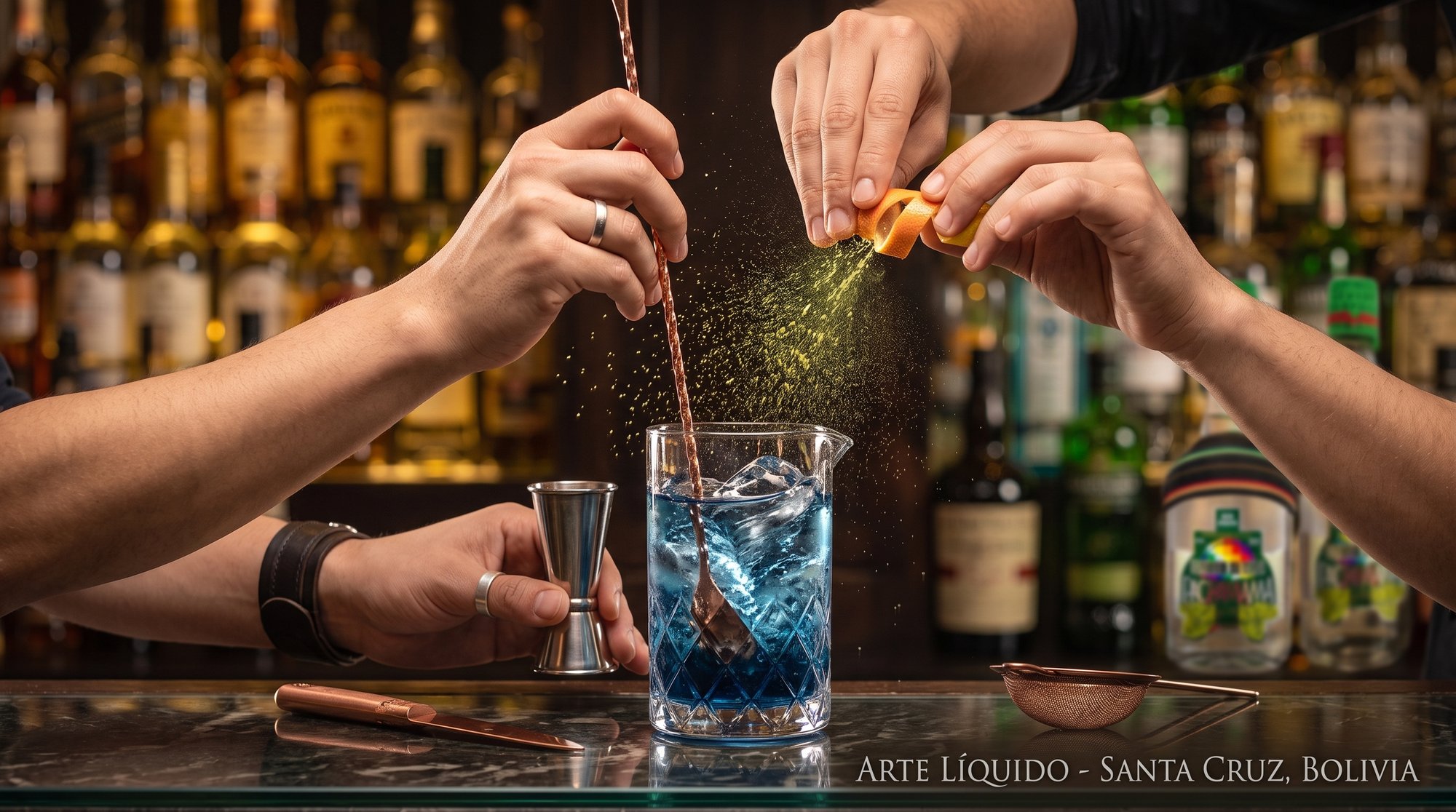 Bartender preparando un cóctel azul con cáscara de naranja